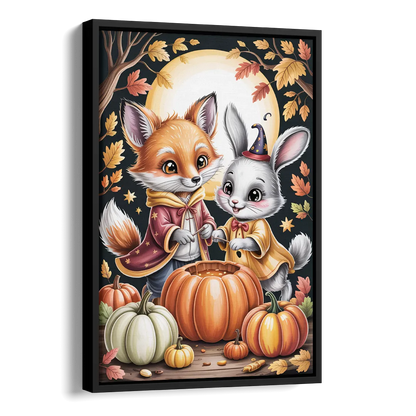 Whimsical Animals in Cute Halloween Side - Black Canvas Wall Art