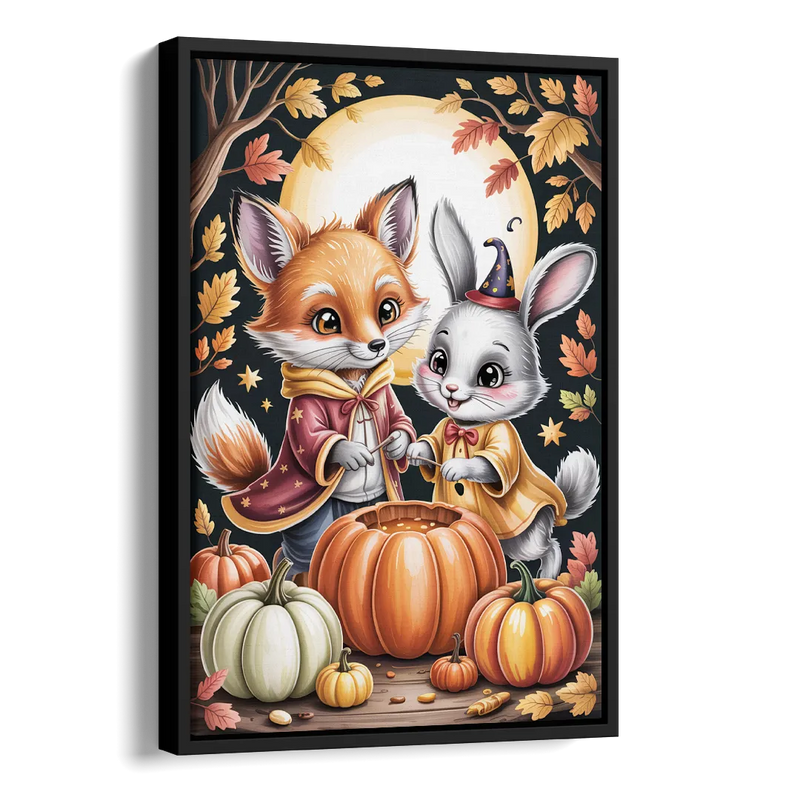 Whimsical Animals in Cute Halloween Side - Black Canvas Wall Art