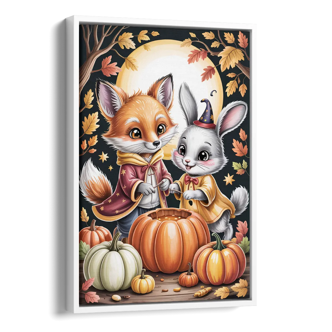 Whimsical Animals in Cute Halloween Side - White Canvas Wall Art