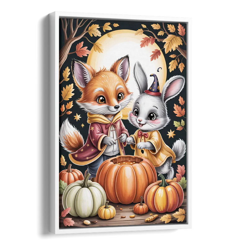 Whimsical Animals in Cute Halloween Side - White Canvas Wall Art