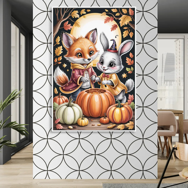 Whimsical Animals in Cute Halloween Sitting Room - White Canvas Wall Art