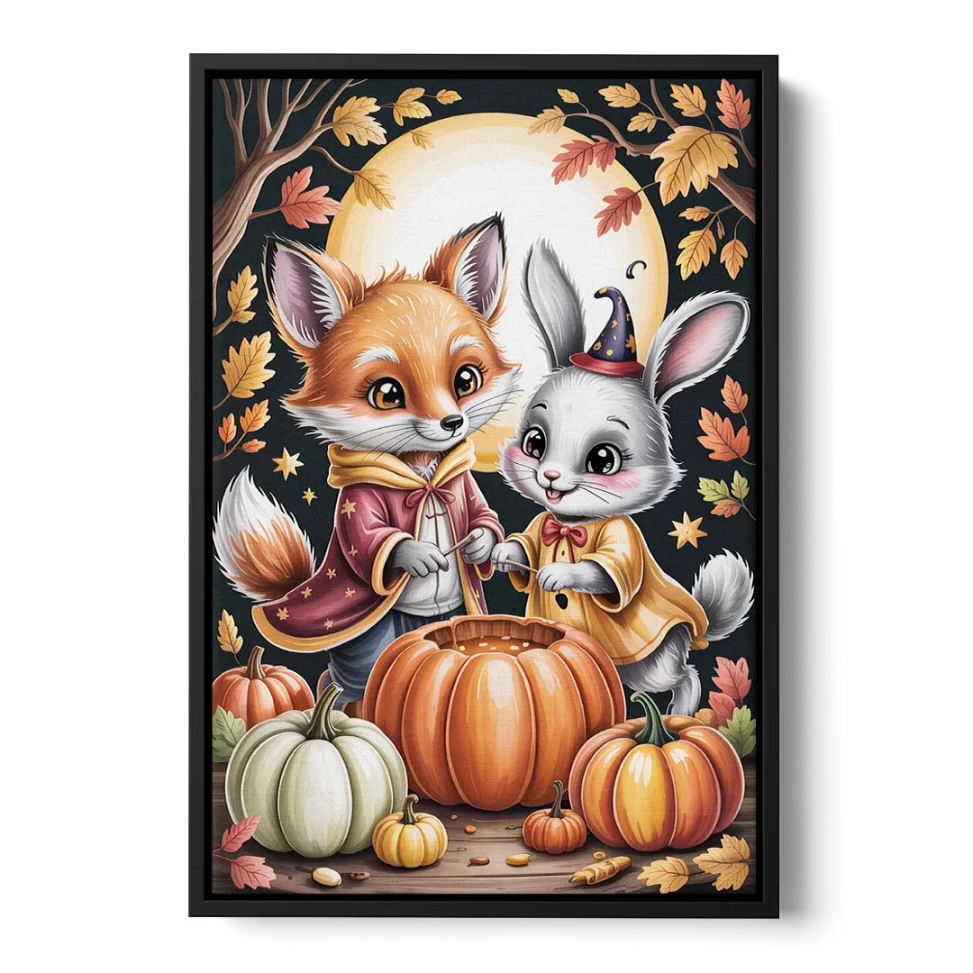Whimsical Animals in Cute Halloween Front - Black Canvas Wall Art