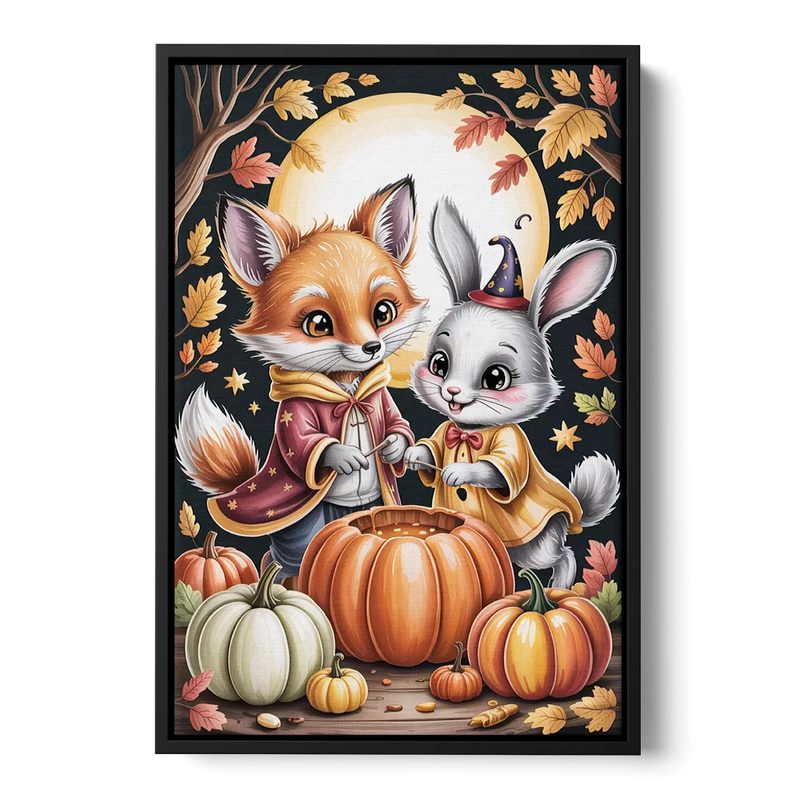 Whimsical Animals in Cute Halloween Front - Black Canvas Wall Art