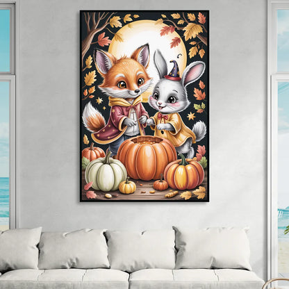 Whimsical Animals in Cute Halloween Sitting Room - Black Canvas Wall Art