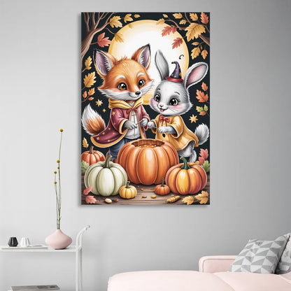 Whimsical Animals in Cute Halloween Sitting Room - Canvas Wall Art