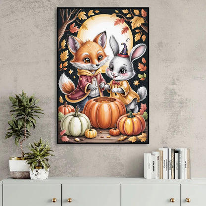 Whimsical Animals in Cute Halloween Living Room - Black Canvas Wall Art