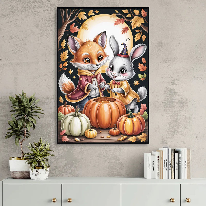 Whimsical Animals in Cute Halloween Living Room - Black Canvas Wall Art