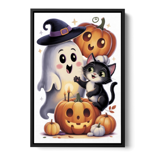 Whimsical Autumn Scene Cute Halloween - Black Framed Canvas Wall Art - Front