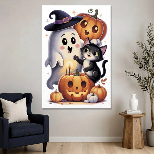 Whimsical Autumn Scene Cute Halloween - Canvas Wall Art - Sofa - 40x60
