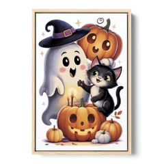 Whimsical Autumn Scene Cute Halloween - Oak Framed Canvas Wall Art - Front