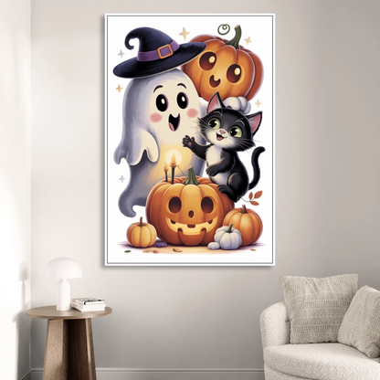 Whimsical Autumn Scene Cute Halloween Sitting Room - White Canvas Wall Art