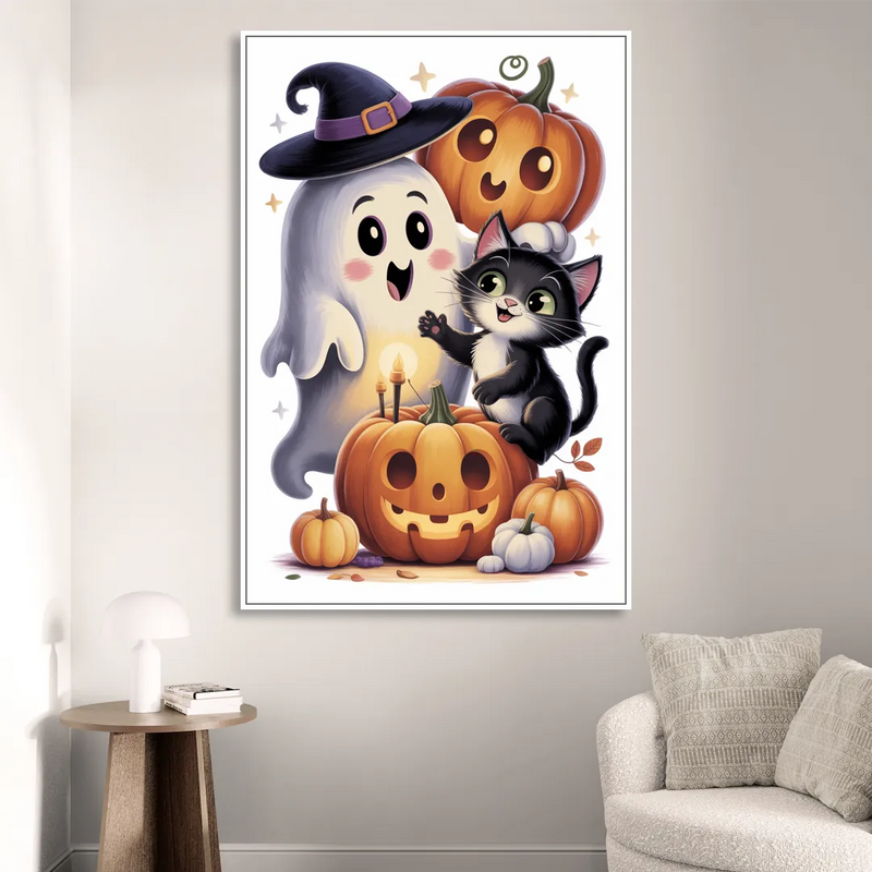 Whimsical Autumn Scene Cute Halloween Sitting Room - White Canvas Wall Art