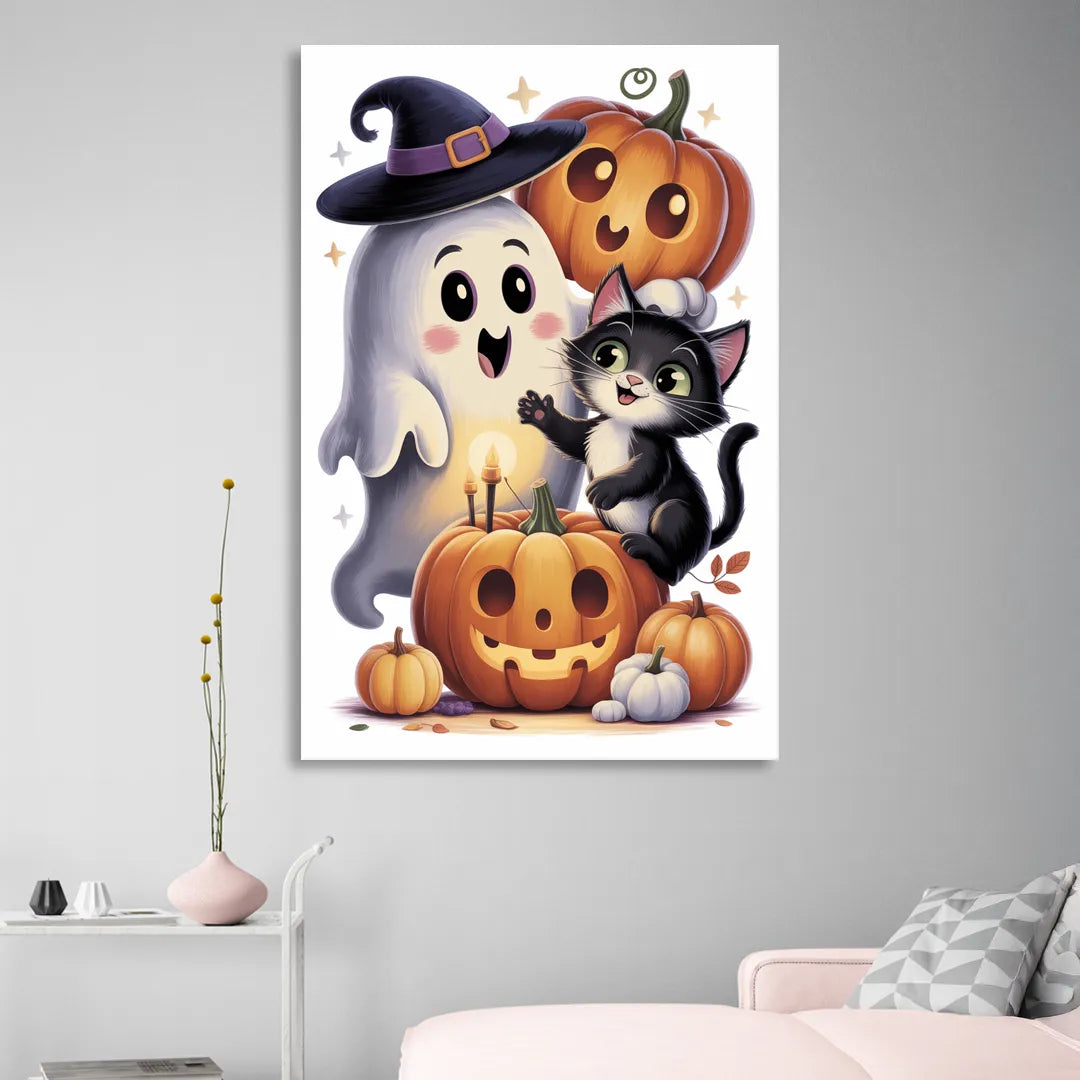 Whimsical Autumn Scene Cute Halloween Living Room - Canvas Wall Art
