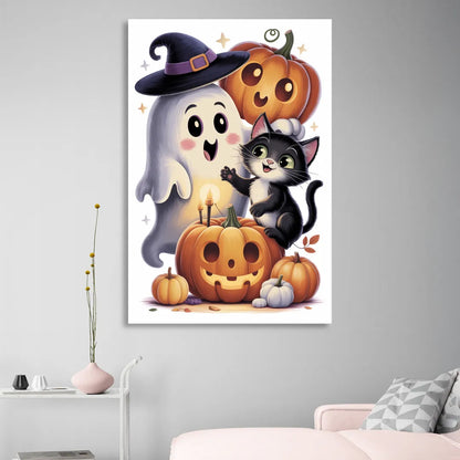 Whimsical Autumn Scene Cute Halloween Living Room - Canvas Wall Art