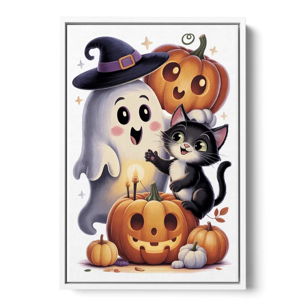 Whimsical Autumn Scene Cute Halloween - White Frame Canvas
