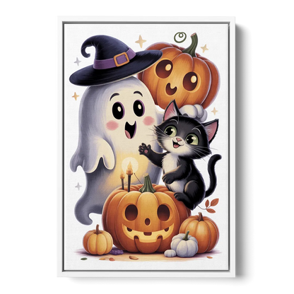 Whimsical Autumn Scene Cute Halloween - White Frame Canvas
