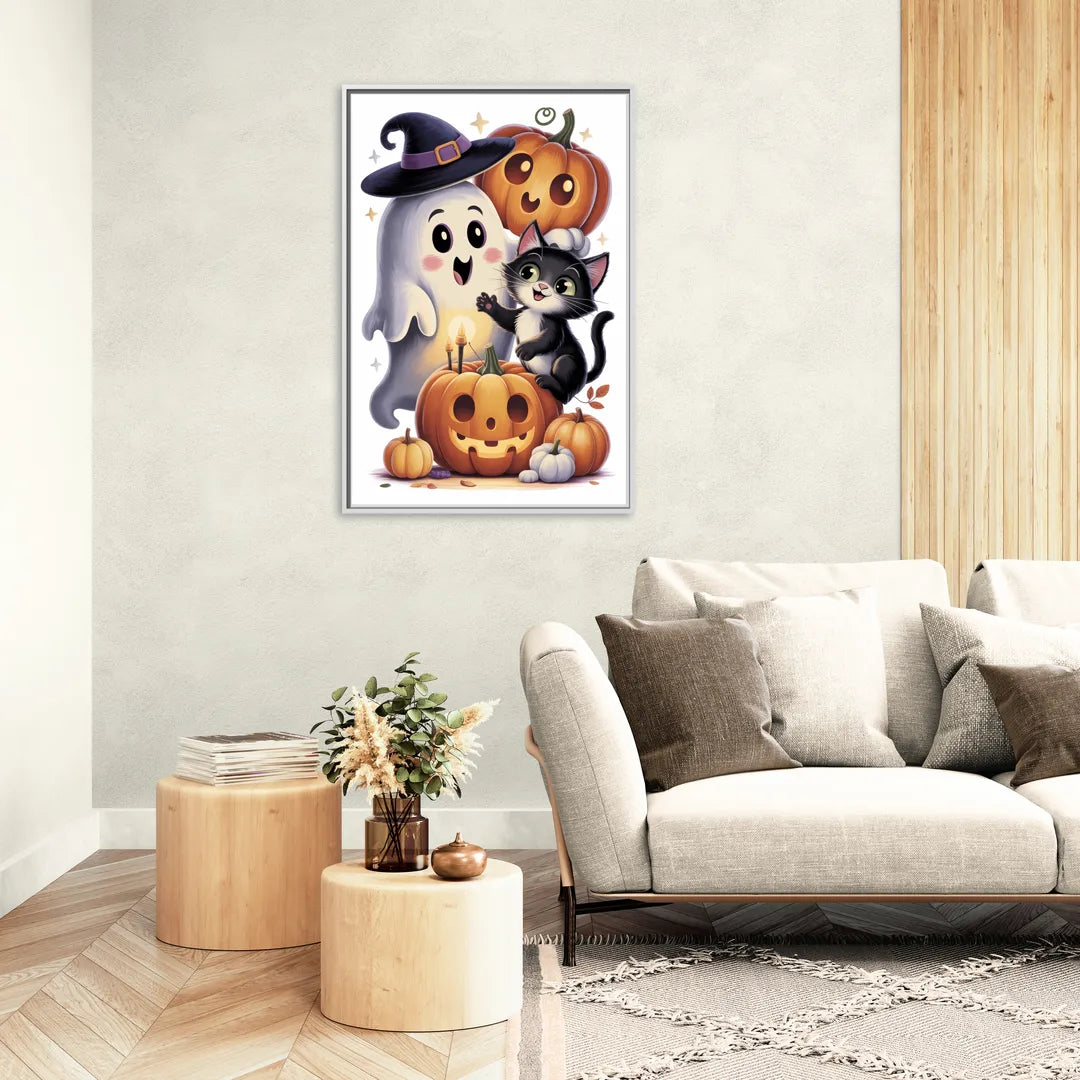 Whimsical Autumn Scene Cute Halloween - Living Room White Frame Canvas