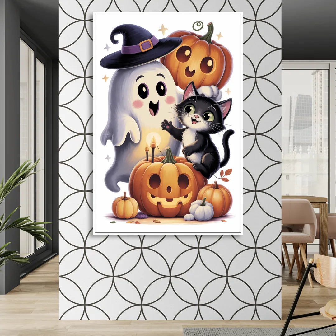 Whimsical Autumn Scene Cute Halloween Living Room - White Canvas Wall Art