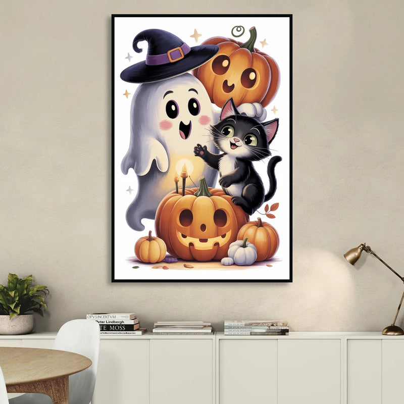 Whimsical Autumn Scene Cute Halloween Sitting Room - Black Canvas Wall Art