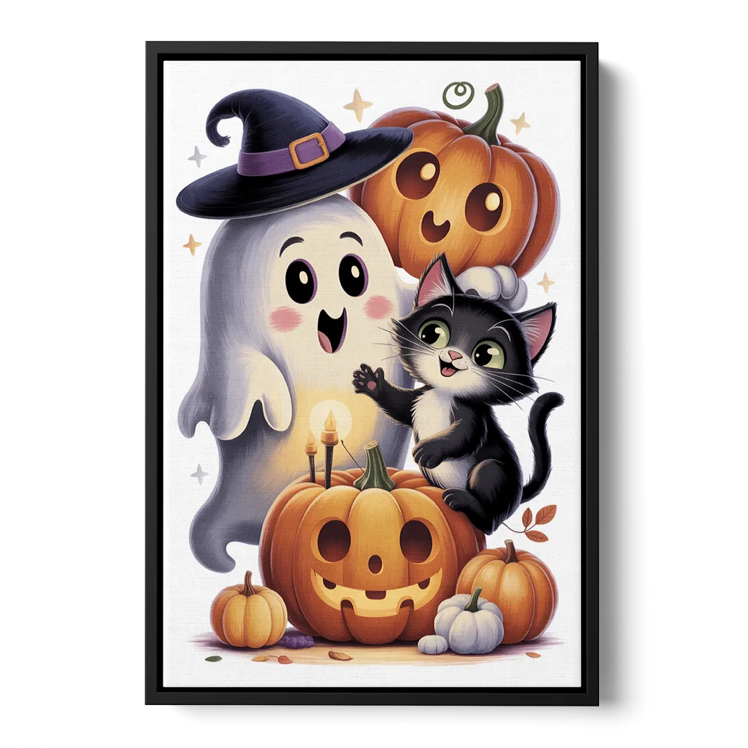 Whimsical Autumn Scene Cute Halloween Front - Black Canvas Wall Art