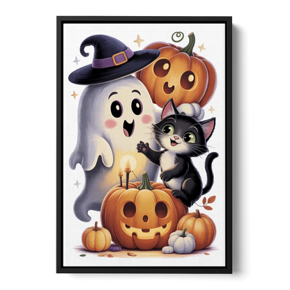 Whimsical Autumn Scene Cute Halloween Front - Black Canvas Wall Art