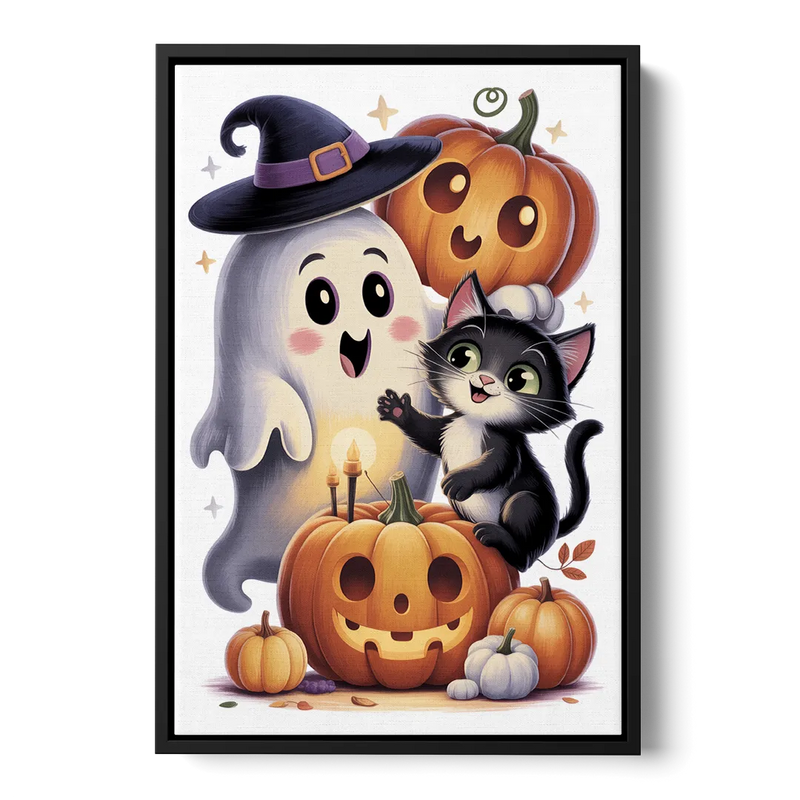 Whimsical Autumn Scene Cute Halloween Front - Black Canvas Wall Art