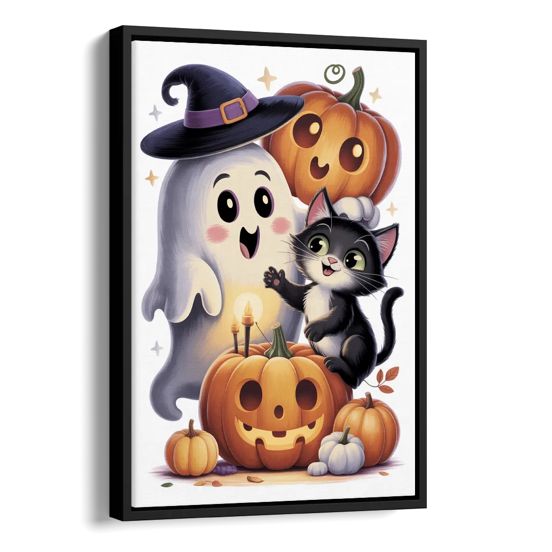 Whimsical Autumn Scene Cute Halloween Side - Black Canvas Wall Art