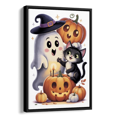 Whimsical Autumn Scene Cute Halloween Side - Black Canvas Wall Art