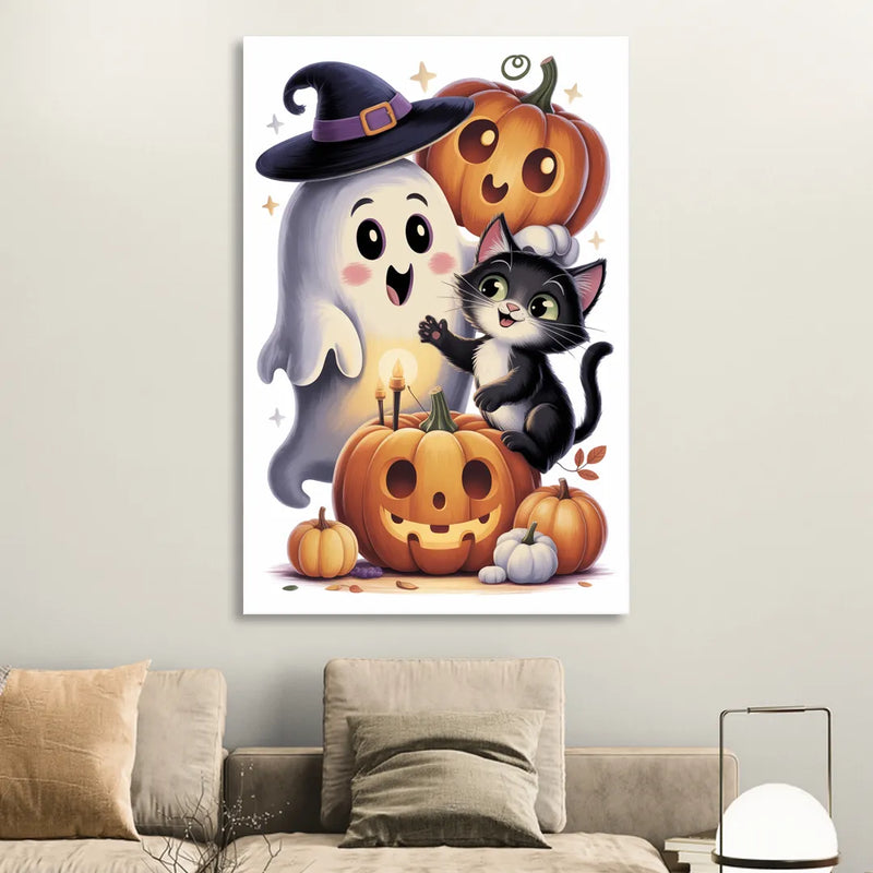 Whimsical Autumn Scene Cute Halloween Sitting Room - Canvas Wall Art