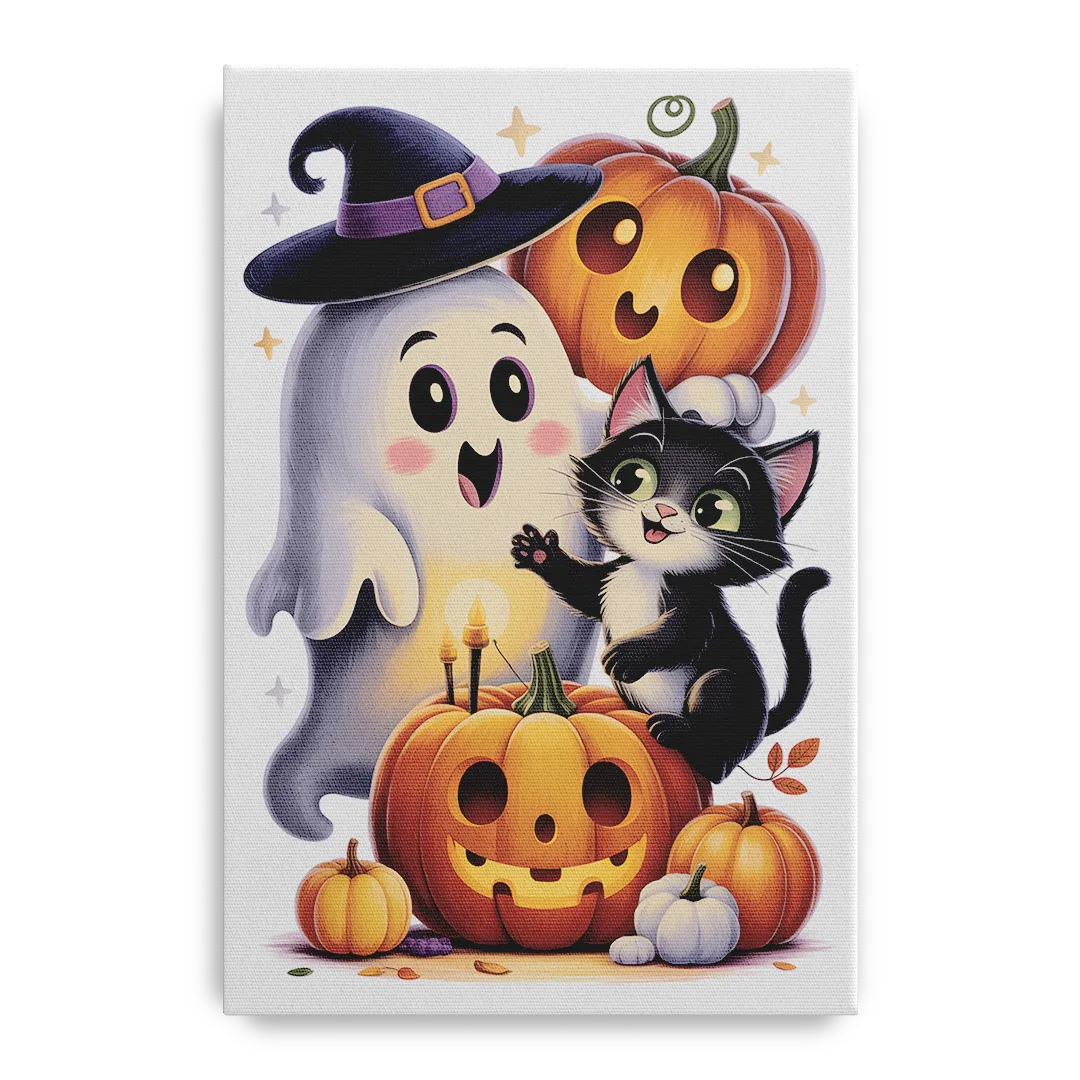 Whimsical Autumn Scene Cute Halloween Front - Canvas Wall Art