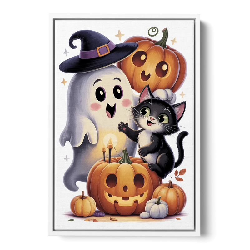 Whimsical Autumn Scene Cute Halloween Front - White Canvas Wall Art