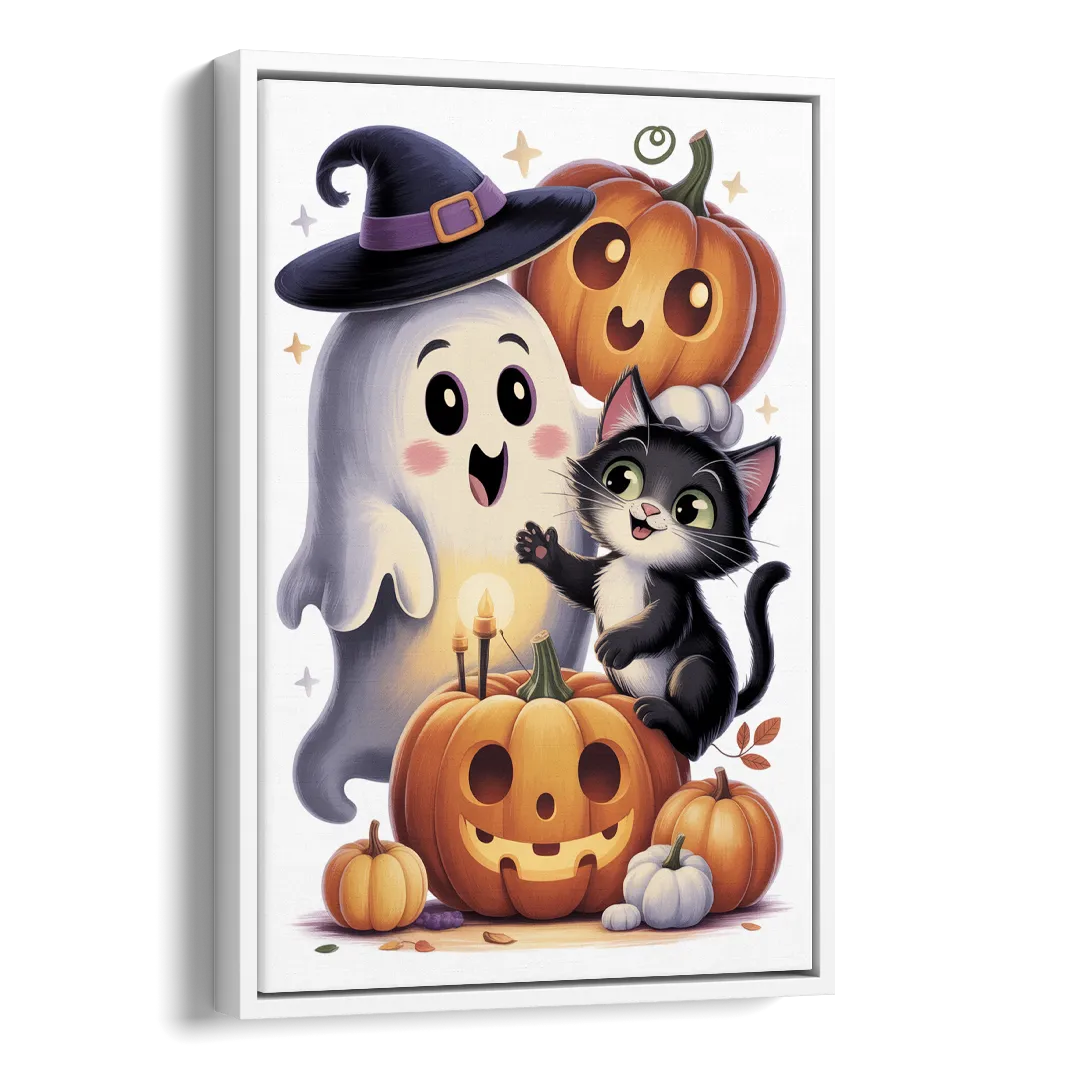 Whimsical Autumn Scene Cute Halloween Side - White Canvas Wall Art