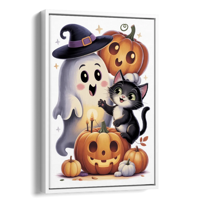Whimsical Autumn Scene Cute Halloween Side - White Canvas Wall Art