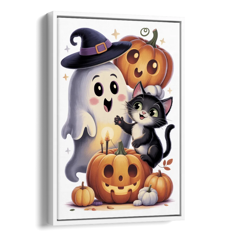 Whimsical Autumn Scene Cute Halloween Side - White Canvas Wall Art