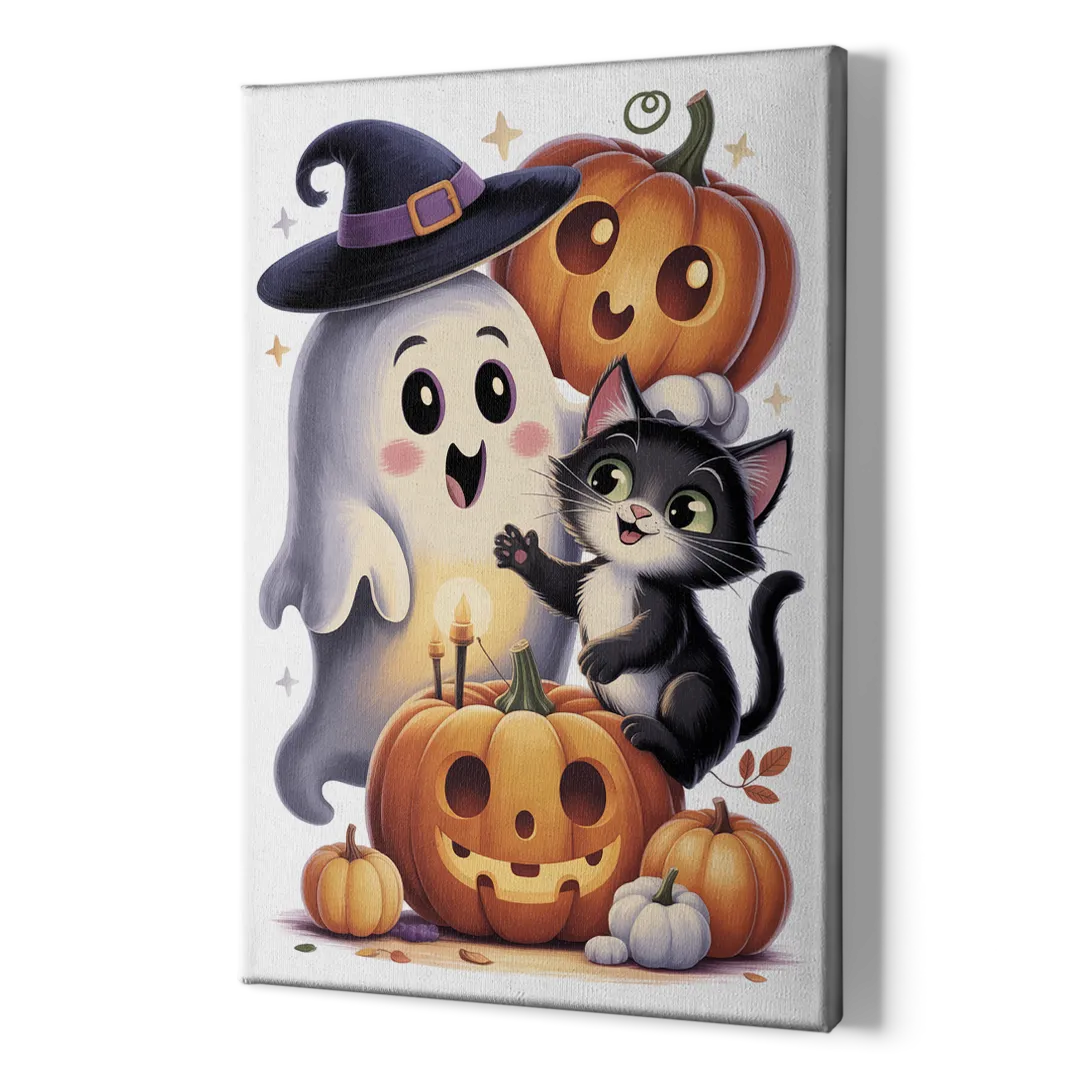 Whimsical Autumn Scene Cute Halloween - Canvas Print Art Sides