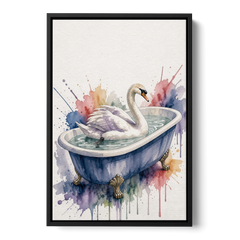 Whimsical Bathroom Art Swan on a Private Pond - Black Framed Canvas Wall Art - Front