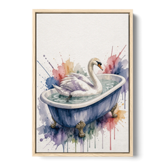 Whimsical Bathroom Art Swan on a Private Pond - Oak Framed Canvas Wall Art - Front