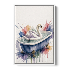 Whimsical Bathroom Art Swan on a Private Pond - White Framed Canvas Wall Art - Front
