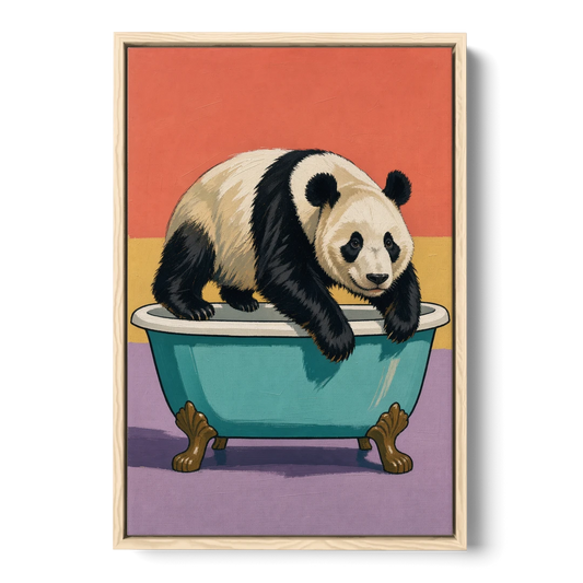 Whimsical Bathroom Wall Art of a Lounging Panda - Oak Framed Canvas Wall Art - Front