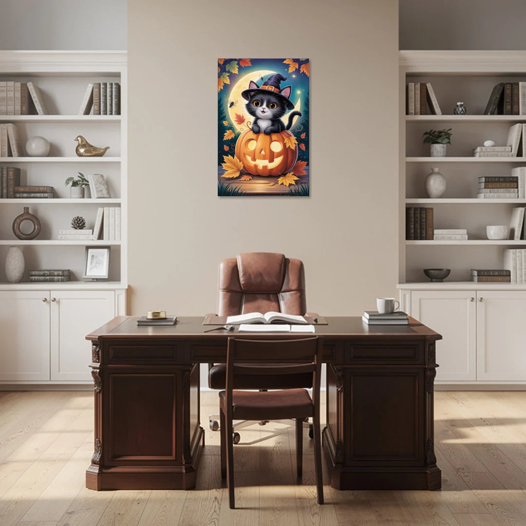 Whimsical Black Cat Cute Halloween - Canvas Wall Art - Office - 24x36