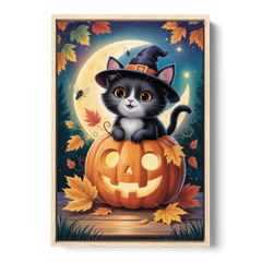 Whimsical Black Cat Cute Halloween - Oak Framed Canvas Wall Art - Front