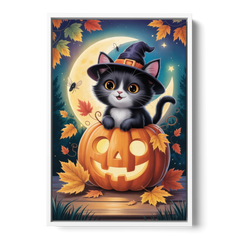 Whimsical Black Cat Cute Halloween - White Framed Canvas Wall Art - Front