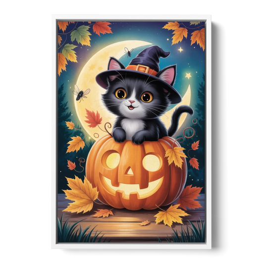 Whimsical Black Cat Cute Halloween - White Framed Canvas Wall Art - Front