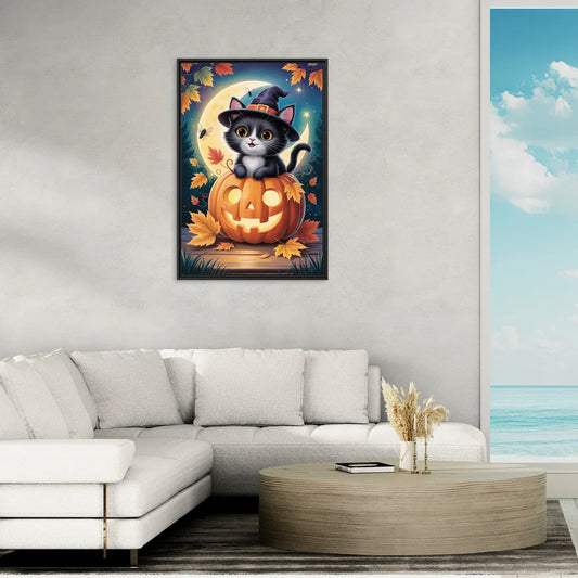 Whimsical Black Cat Cute Halloween - Living Room Black Frame Canvas