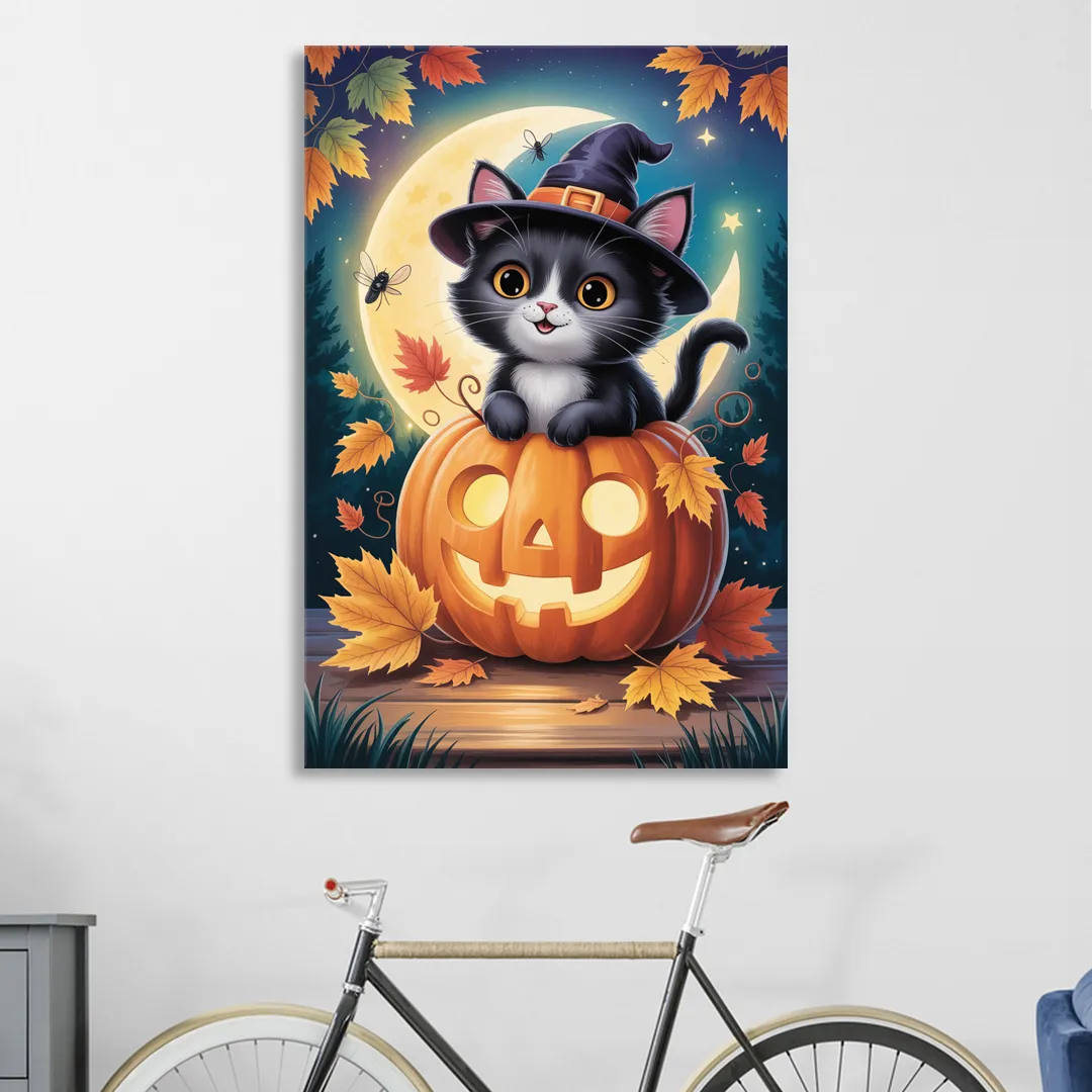Whimsical Black Cat Cute Halloween Sitting Room - Canvas Wall Art