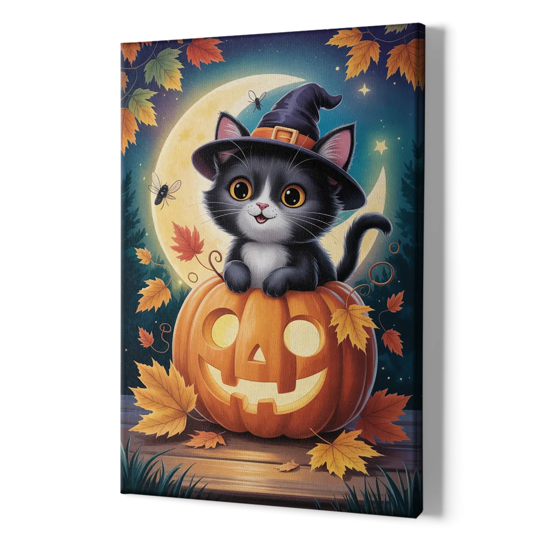 Whimsical Black Cat Cute Halloween - Canvas Print Art Sides