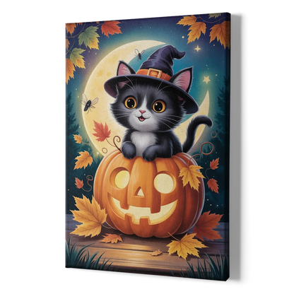 Whimsical Black Cat Cute Halloween - Canvas Print Art Sides