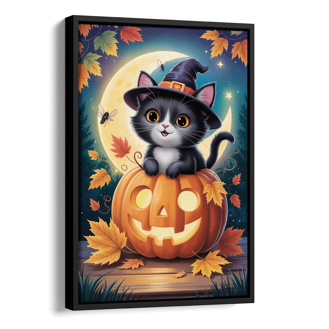 Whimsical Black Cat Cute Halloween Side - Black Canvas Wall Art