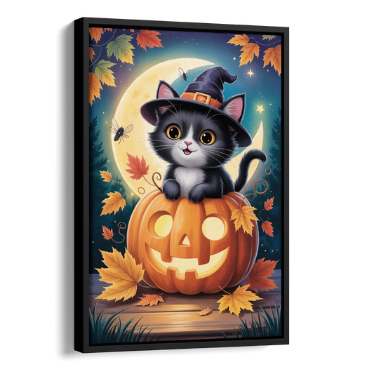 Whimsical Black Cat Cute Halloween Side - Black Canvas Wall Art