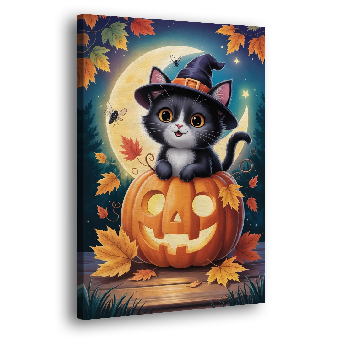 Whimsical Black Cat Cute Halloween Side - Canvas Wall Art